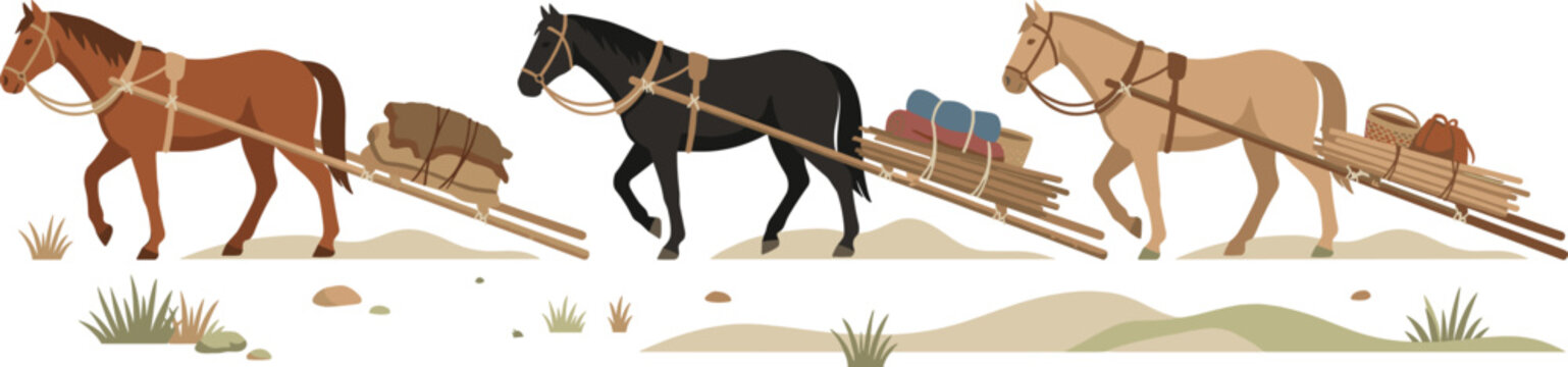 Pack Horses Carrying Supplies Across a Desert Landscape, Including Bags, Logs, and Gear for Wilderness Adventure and Exploration