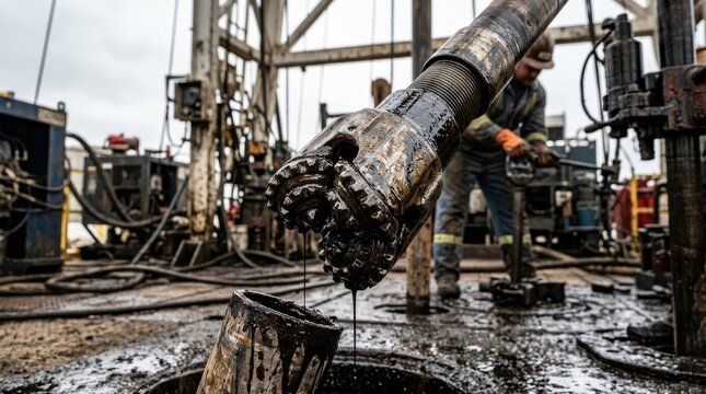 Oil drilling equipment with worker on site in industrial setting