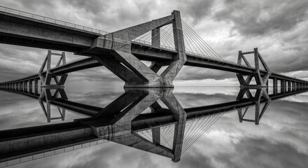 Modern Concrete Bridge with Perfect Reflection and Dramatic Sky, Infrastructure Architecture Background