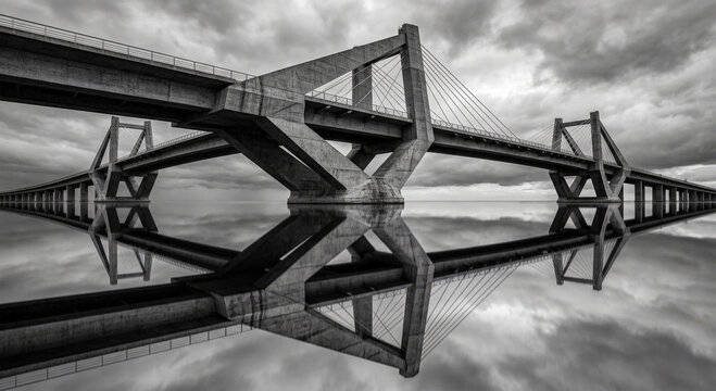 Modern Concrete Bridge with Perfect Reflection and Dramatic Sky, Infrastructure Architecture Background