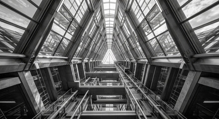 Modern Glass Atrium with Steel Structure and Symmetrical Perspective, Corporate Architecture Background