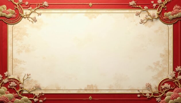 Elegant red, gold frame with intricate silk embroidery. Cherry blossom branches with flowers adorn corners. Beige center offers ample copy space for text, suitable for festive events luxury branding.
