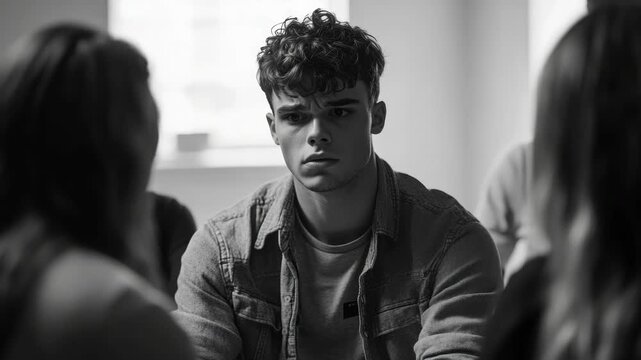 Three teenagers seated and engaged in discussion indoors with neutral expressions.