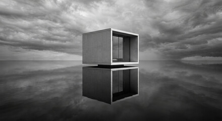 Minimal Concrete Cube Floating Over Reflective Water with Dramatic Sky, Modern Luxury Architecture Background