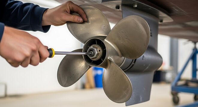 Closeup of a person adjusting a stainless steel boat propeller with a wrench