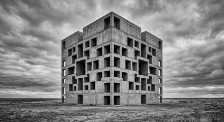 Brutalist Concrete Cube Building with Geometric Openings Under Dramatic Cloudy Sky, Modern Architecture Concept