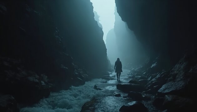 One person walks on a wet rocky path beside a fast flowing stream in a dark narrow canyon. Mist or fog fills the air creating an atmospheric and mysterious scene. Light breaks through from above.