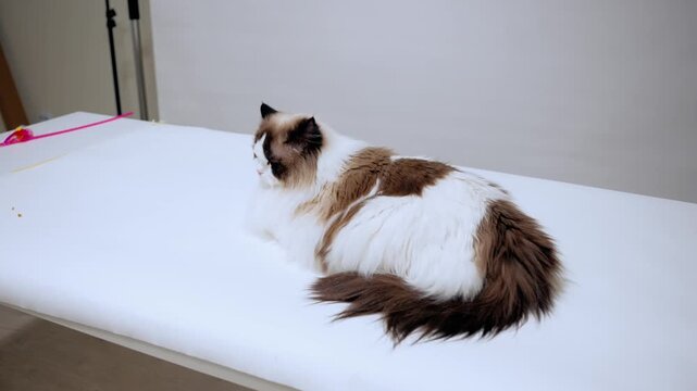 Fluffy ragdoll cat resting on white surface with toy nearby, peaceful moment captured
