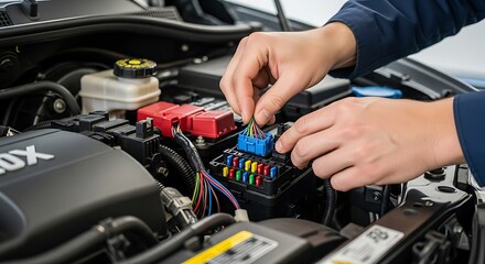Obraz premium Hands adjusting multicolored fuse box wires in open car hood