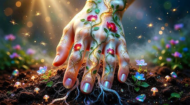 Magical Fantasy Hand with Glowing Floral Vines Planting Roots in Enchanted Soil