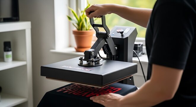Person using a black heat press machine to print a red on a dark t-shirt indoors