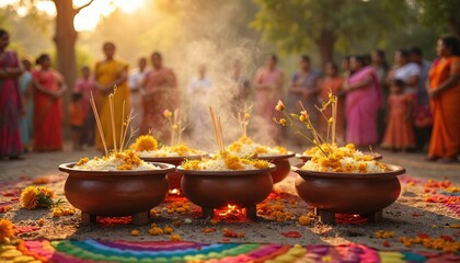 Obraz premium Indian family prepares sacred rice offering during Pongal harvest festivity. Incense smoke rises from clay pots with food, flowers, and grains, celebrating tradition and community spirit outdoors.