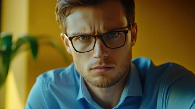 Man with glasses looking thoughtful in office, possibly expressing frustration or deep thinking.