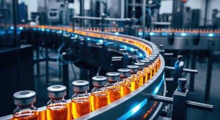 Obraz premium Vaccine bottles move along a production line in a factory setting with machinery.