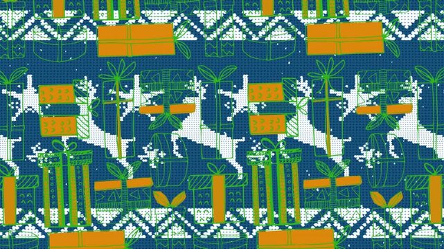 Reindeer icons on traditional blue christmas pattern over christmas gift icons in seamless pattern