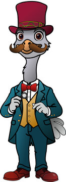 vintage gentleman ostrich mascot character in victorian suit with top hat and monocle, vector illustration