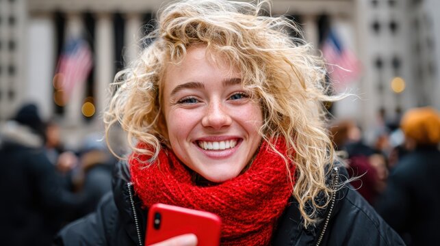 A young person stands in a crowd, smiling while holding a red phone. The background shows buildings and flags. It is a winter day and people are around