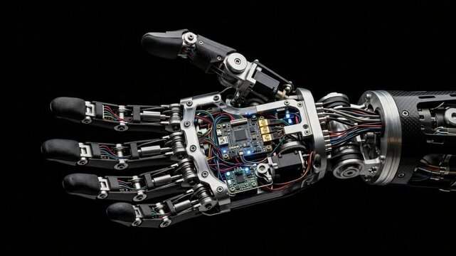 Advanced bionic hand with intricate mechanical joints and circuit boards isolated on dark background