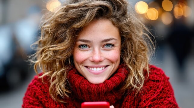 A woman sits outside in the city and smiles at the camera while holding a red phone. The background shows lights from buildings and people walking. It is evening time