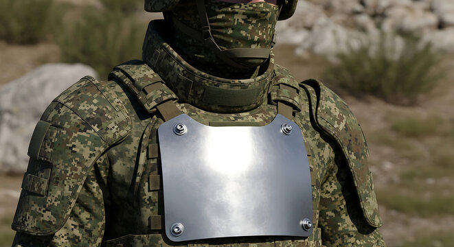 Heavy tactical steel plate mounted on army military camouflage ballistic armor vest for combat protection and infantry defense gear