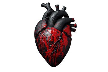 Anatomical heart, black and red grunge medical organ, symbolizing pain, breaking, and emotional distress on transparent background