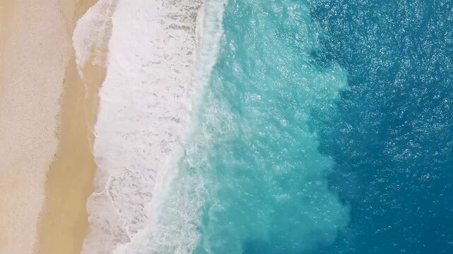 Aerial view of turquoise sea waves crashing on sandy beach shore with foam and dynamic water movement