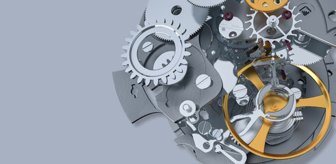 Luxury mechanical watch movement close up with copy space, precision engineering background