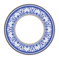 Oriental porcelain blue plate with ornament. Beautiful round frame arabesques. Plate with blue gold floral design. Vintage, ethnic vector frame EPS. Pattern frame for round surface, embroidery, plate © z_olga_art