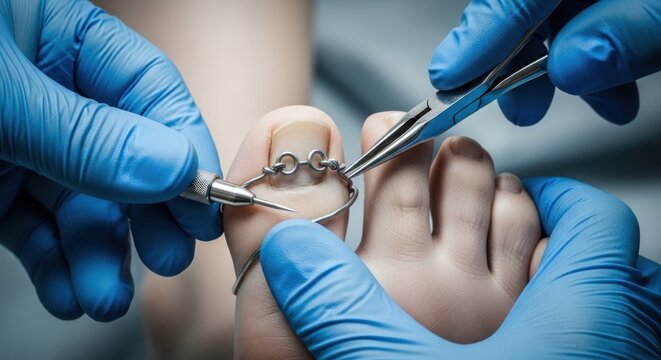 A medical professional treats a toenail with precision instruments in a clinical setting.