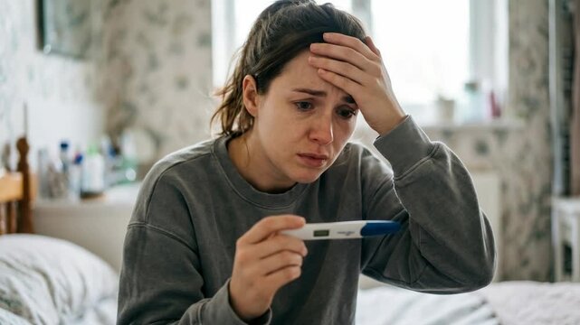 Worried young woman looking at a positive pregnancy test while crying in her bedroom at home