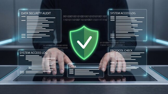 Cyber security audit and system access log interface with a green shield icon on a tablet, showing protocol checks and data protection for modern business organizations, glow, tech