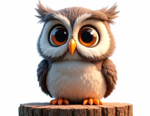 Obraz premium Cute cartoon owl with big orange eyes sits on wood stump. This fluffy baby bird has realistic feathers and looks curious. Fun illustration for kids nature or education themes.