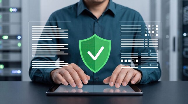 Data security specialist monitoring protected information on a digital screen with a green shield icon, conceptualizing corporate data privacy and server room safety, professional