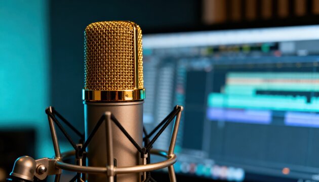 Close-up of a golden microphone with audio editing software on a computer screen.