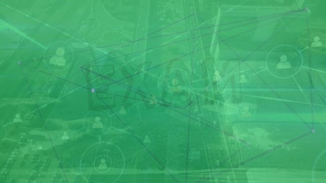 Animation of exam text and network of connections over cityscape