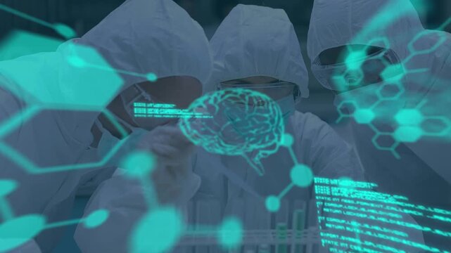 Animation of science data processing over three scientists wearing safety uniform in laboratory