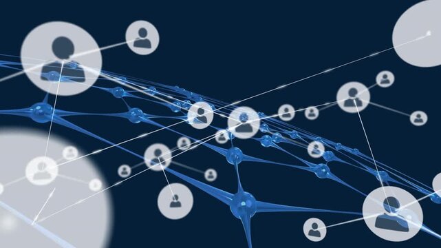Animation of network of connections with icons over blue net