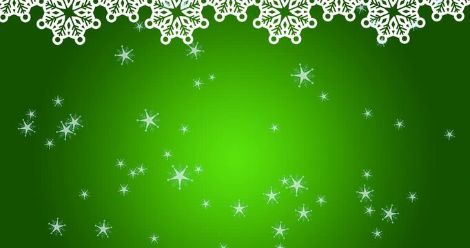 Snowflakes icons and shining stars falling against copy space on green background