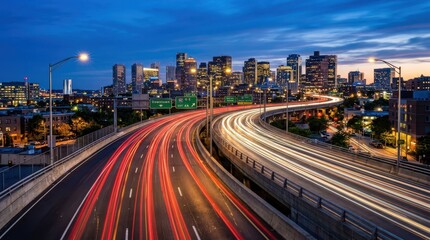 Fototapeta premium Dynamic Night Cityscape with Light Trails and Urban Skyline