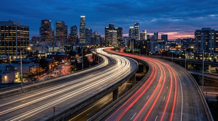 Fototapeta premium Urban Cityscape at Twilight with Dynamic Light Trails of Traffic