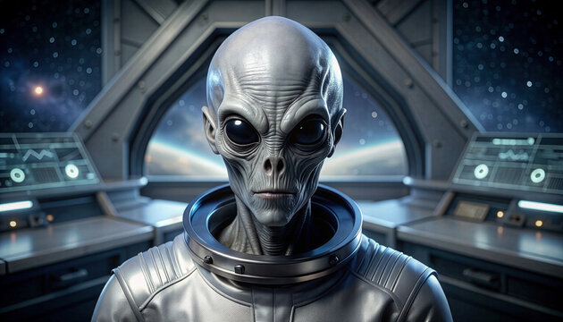 Detailed illustration of a gray alien looking at Earth from a spaceship bridge. Detailed cockpit and starry sky.