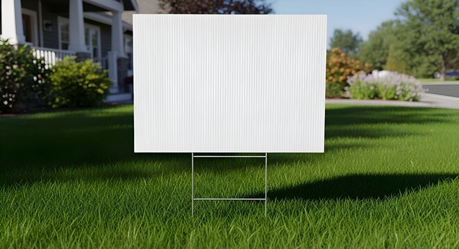 Blank white yard sign on metal stand in green grassy lawn