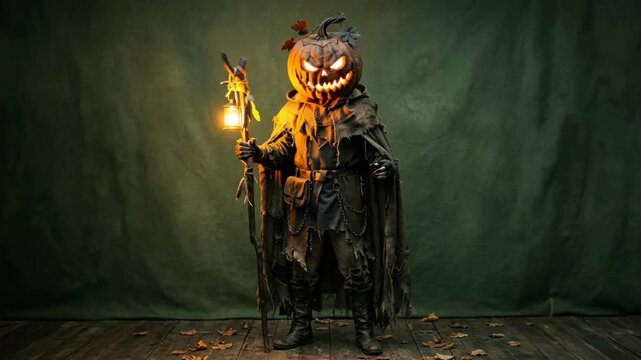 Spooky pumpkin head character wearing ragged cloak holding glowing lantern staff on dark background