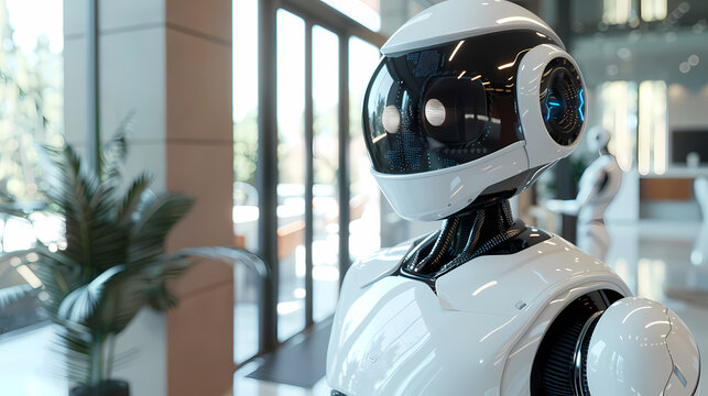 Humanoid white AI robot standing face to face with a young woman in a bright modern office, representing the future of human-robot interaction and technology