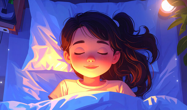 Illustration of a freckled young girl sleeping peacefully in a bed. Warm and cozy night atmosphere.