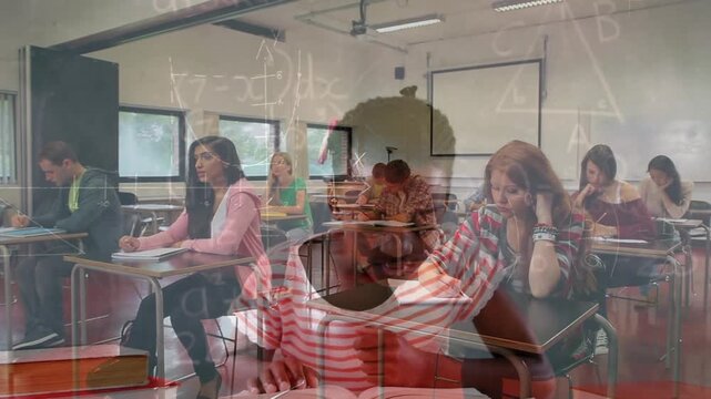 Animation of african american schoolgirl and maths equations over diverse teenage students in class