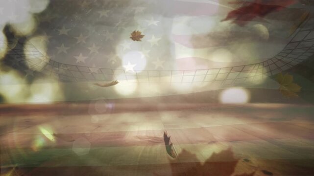 Animation of autumn leaves falling over flag of usa