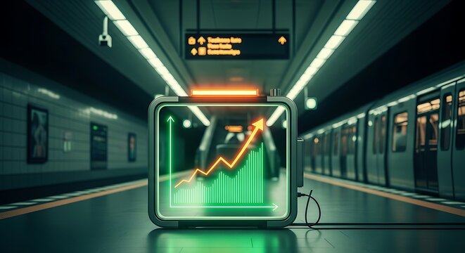 Glowing stock chart display in subway station with train