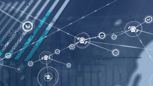 Animation of network of data icons communicating over graphs and data processing