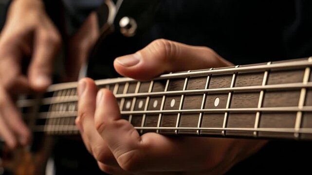 Close-up of musician hands playing bass guitar fretboard with finger positioning and string technique demonstration